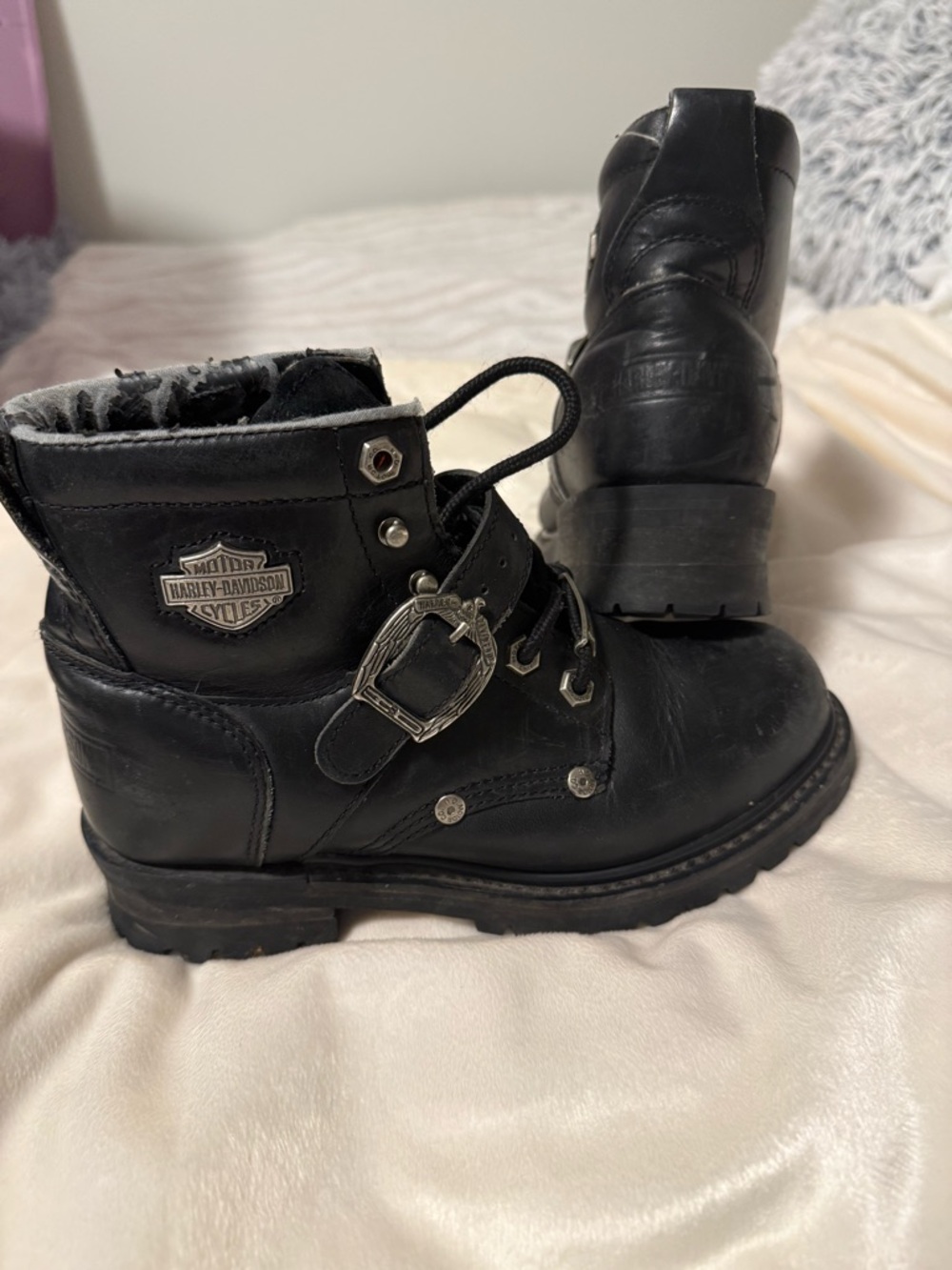 Harley-Davidson Black Leather Biker Boots with Buckle - Picture 2 of 5